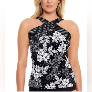 Nwt SWIM SOLUTIONS Women's Black Hibiscus Stretch Halter Tankini Swim top medium